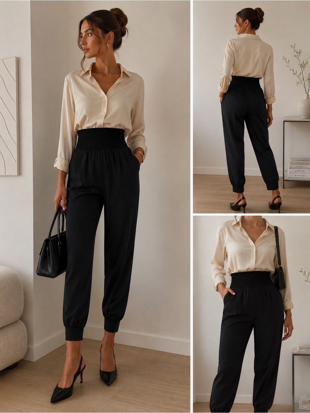 Black High-Rise Pull-On Tapered Trousers | Small